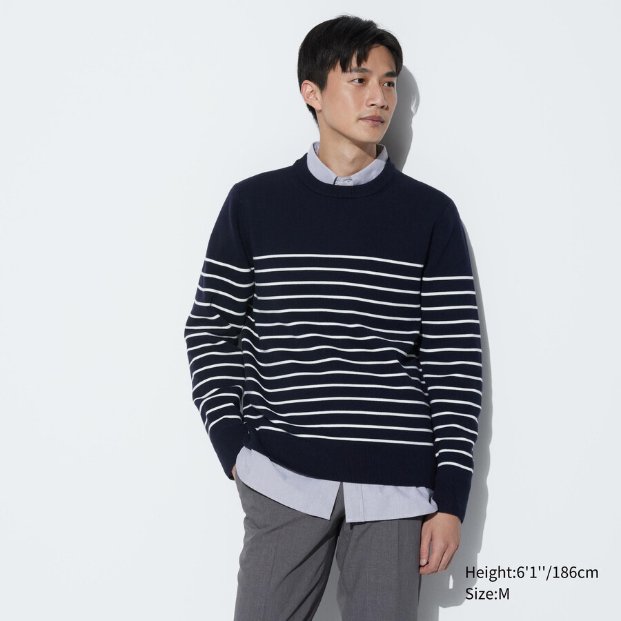 suéter de cuello redondo a rayas acanalado milano lavable de uniqlo para hombre en azul marino