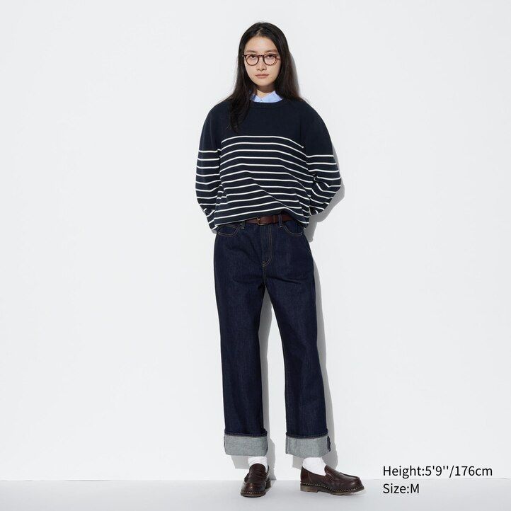 suéter de cuello redondo a rayas acanalado milano lavable de uniqlo para hombre en azul marino