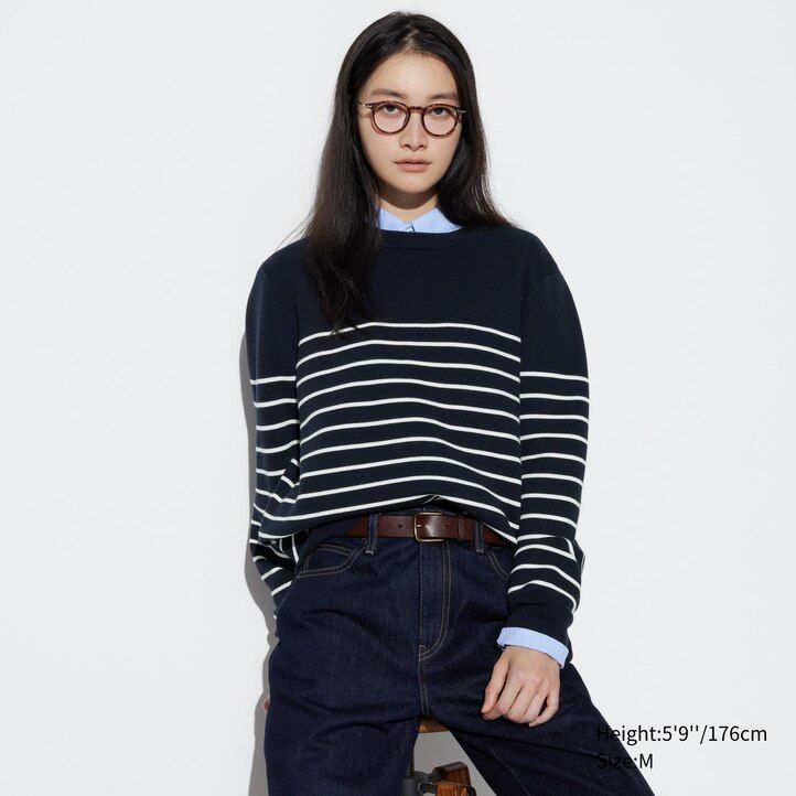 suéter de cuello redondo a rayas acanalado milano lavable de uniqlo para hombre en azul marino