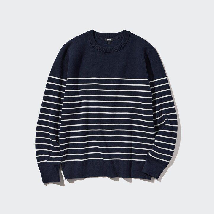 suéter de cuello redondo a rayas acanalado milano lavable de uniqlo para hombre en azul marino