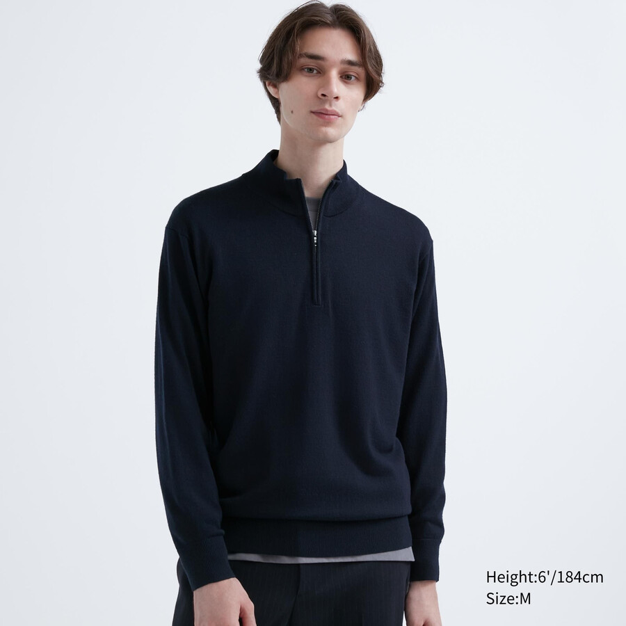 suéteres uniqlo 100 merino extrafino con media cremallera para hombre azul marino