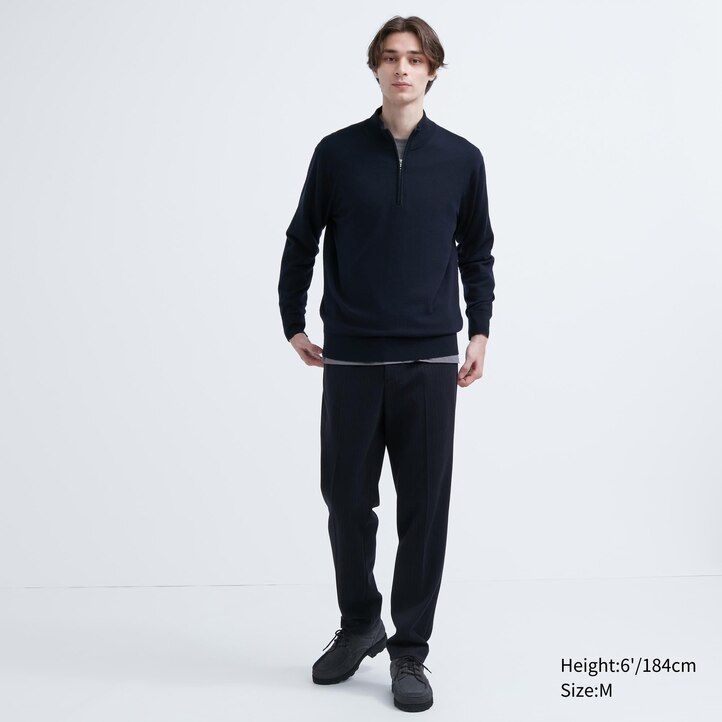 suéteres uniqlo 100 merino extrafino con media cremallera para hombre azul marino