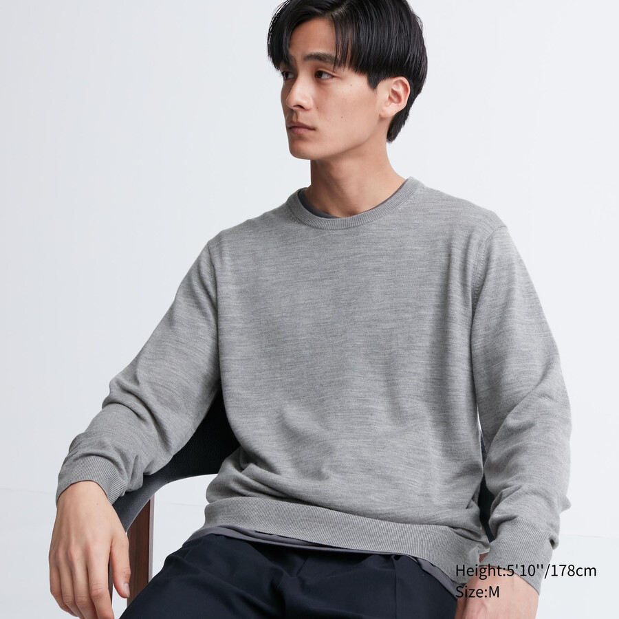 jerséis de cuello redondo de merino extrafino gris uniqlo para hombre