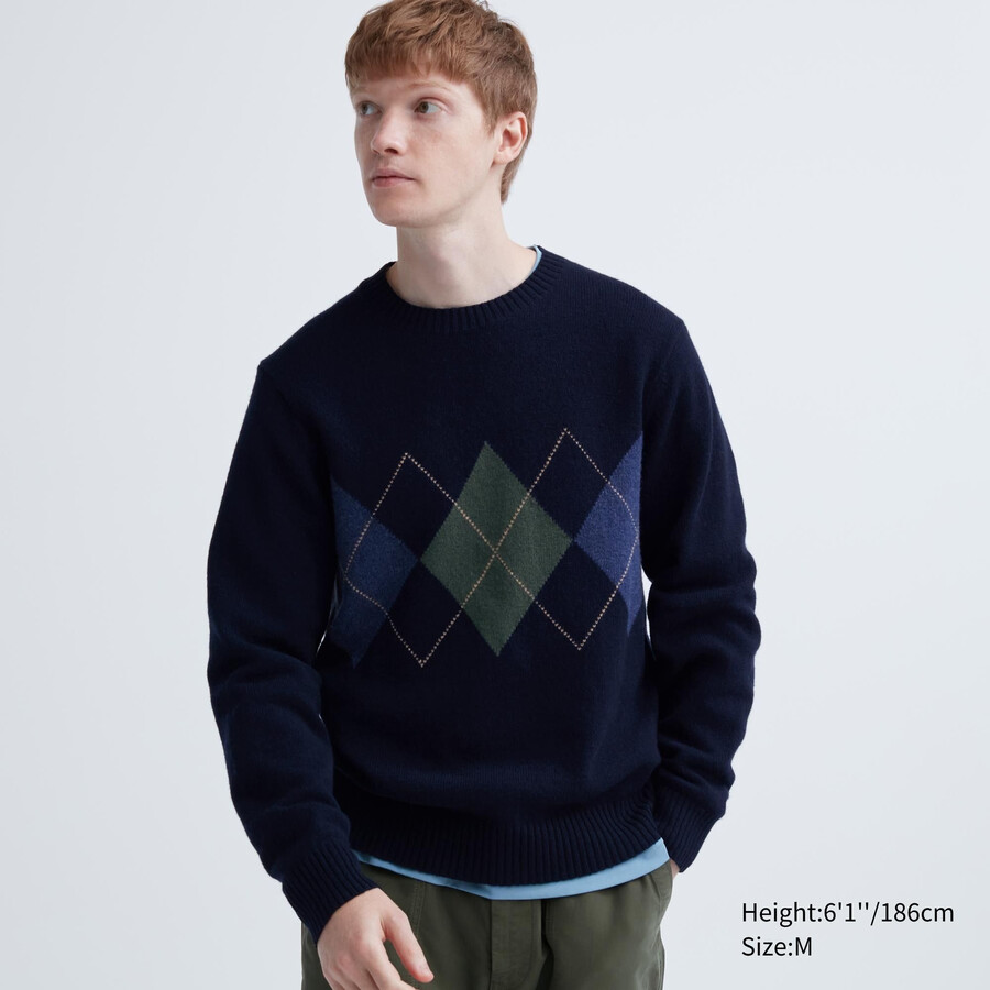 suéteres de cuello redondo de rombos de lana de cordero premium de uniqlo azul marino para hombre