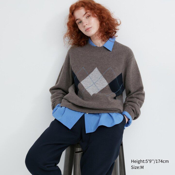 suéteres de cuello redondo de rombos de lana de cordero premium de uniqlo azul marino para hombre