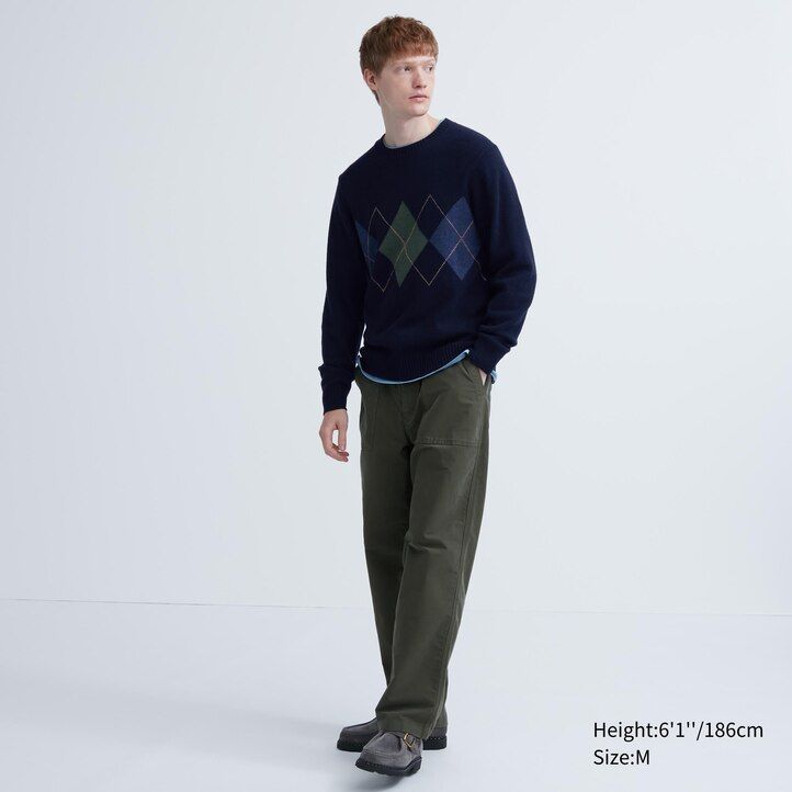 suéteres de cuello redondo de rombos de lana de cordero premium de uniqlo azul marino para hombre