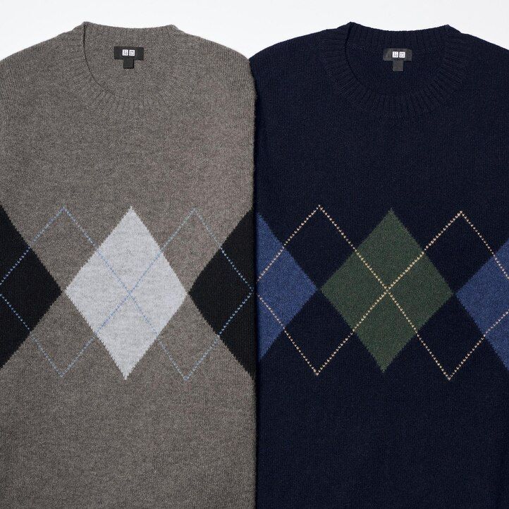 suéteres de cuello redondo de rombos de lana de cordero premium de uniqlo azul marino para hombre