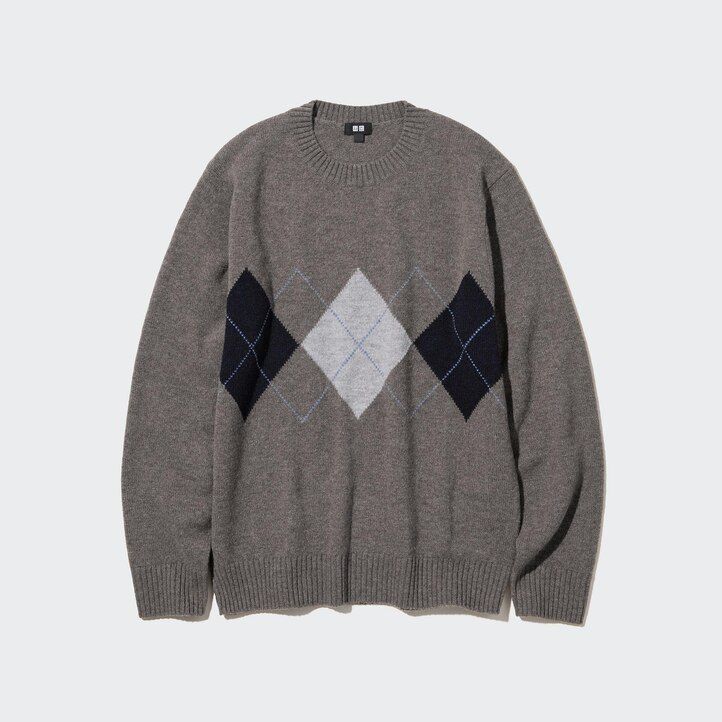 suéteres de cuello redondo de rombos de lana de cordero premium de uniqlo azul marino para hombre
