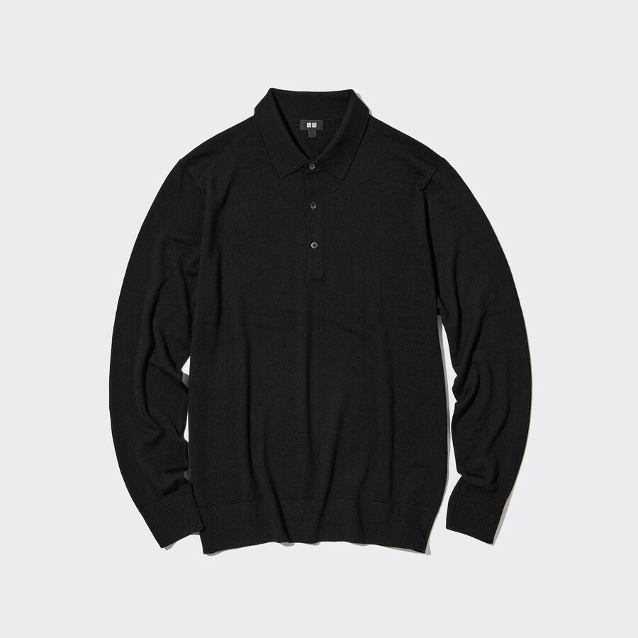 polo uniqlo negro con mangas de punto de merino extrafino 100 para hombre