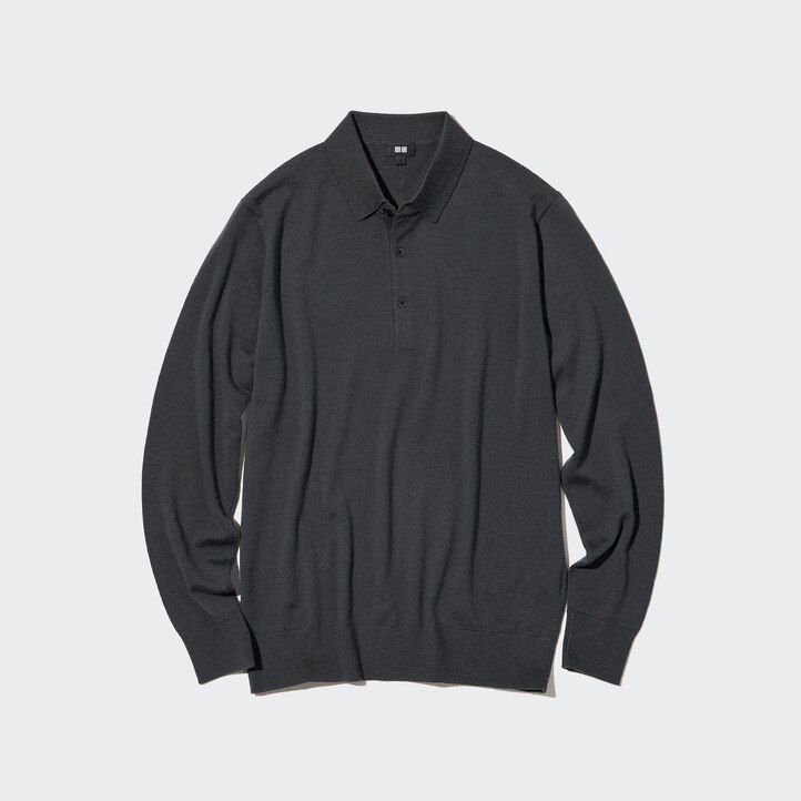 polo uniqlo negro con mangas de punto de merino extrafino 100 para hombre