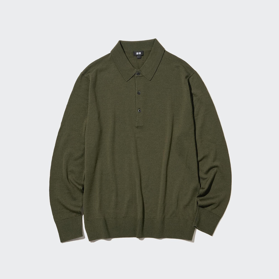polo de punto con mangas de merino extrafino 100 uniqlo para hombre en color oliva