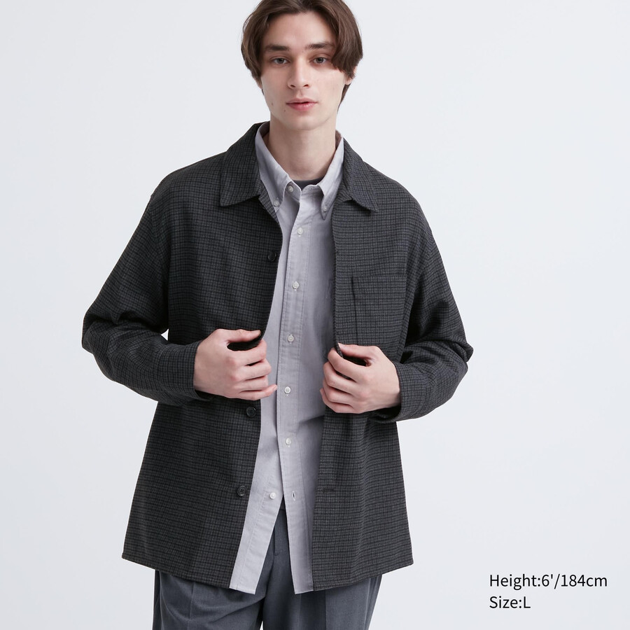 camisas de hombre uniqlo de sarga cepillada gris oscuro con mangas a cuadros