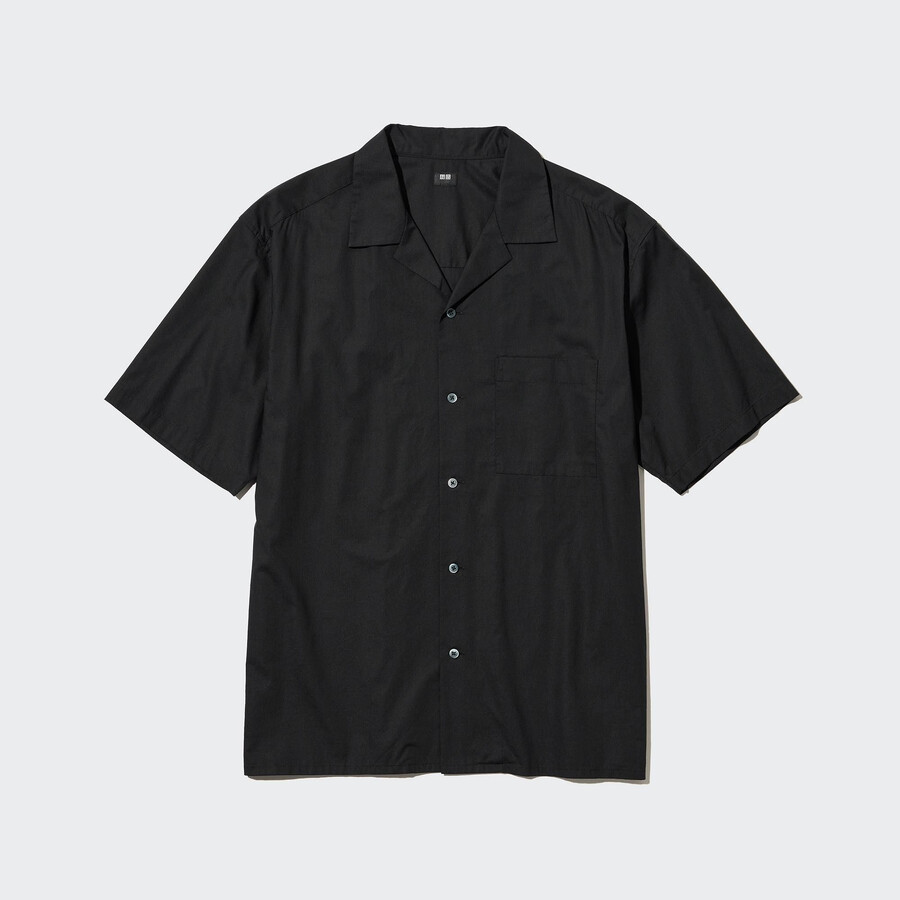camisas de hombre de cuello abierto y manga corta de mezcla de algodón uniqlo en color negro