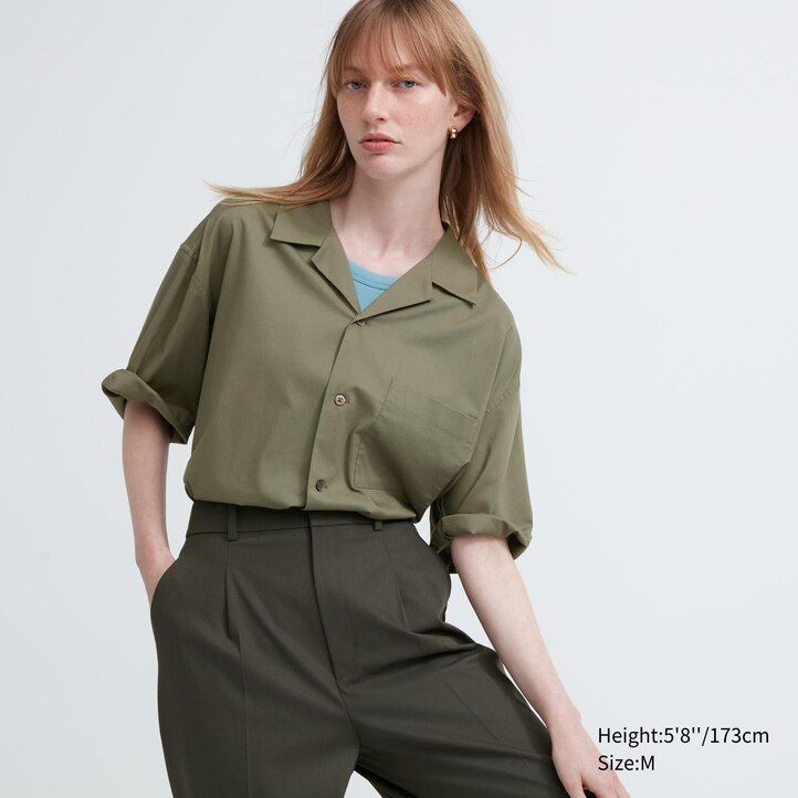 camisas de hombre de cuello abierto y manga corta de mezcla de algodón uniqlo en color negro