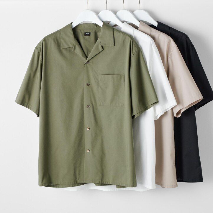 camisas de hombre de cuello abierto y manga corta de mezcla de algodón uniqlo en color negro