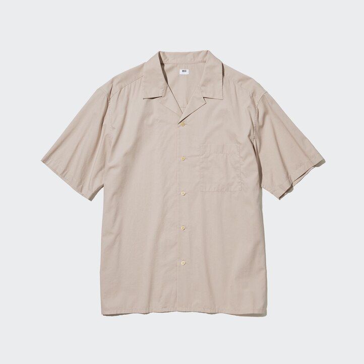 camisas de hombre de cuello abierto y manga corta de mezcla de algodón uniqlo en color negro
