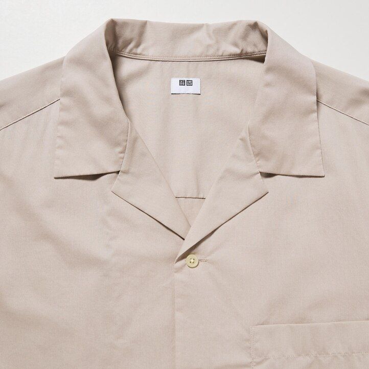 camisas de hombre de cuello abierto y manga corta de mezcla de algodón uniqlo en color negro