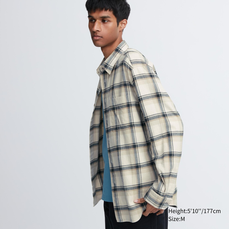 camisas uniqlo de franela de corte regular a cuadros con cuello regular para hombre en beige