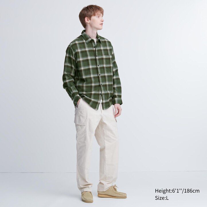 camisas uniqlo de franela de corte regular a cuadros con cuello regular para hombre en beige