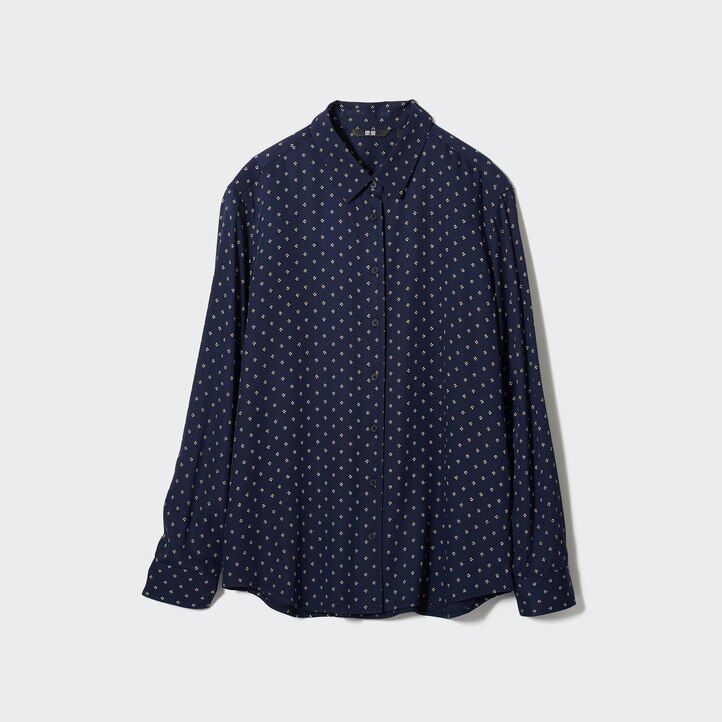 blusa de mujer con mangas estampadas de rayón uniqlo azul marino