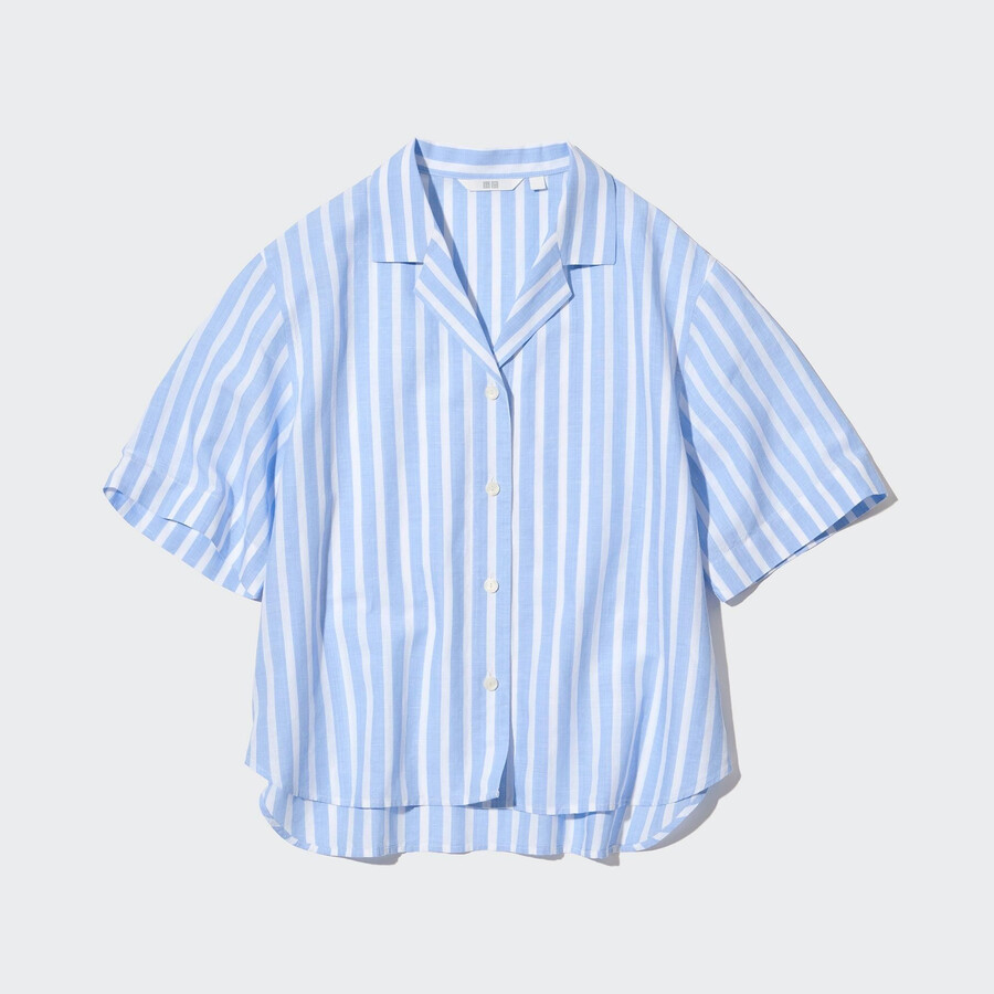 blusa de mujer uniqlo de mezcla de lino a rayas con cuello abierto y mangas en azul claro