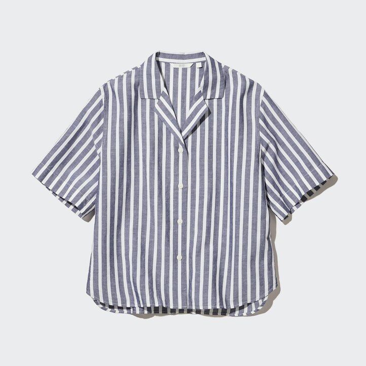 blusa de mujer uniqlo de mezcla de lino a rayas con cuello abierto y mangas en azul claro