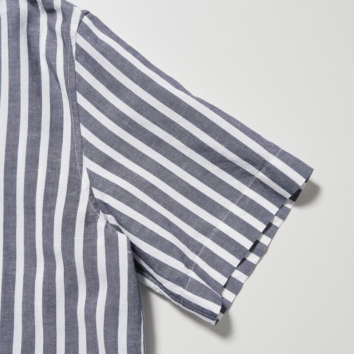 blusa de mujer uniqlo de mezcla de lino a rayas con cuello abierto y mangas en azul claro