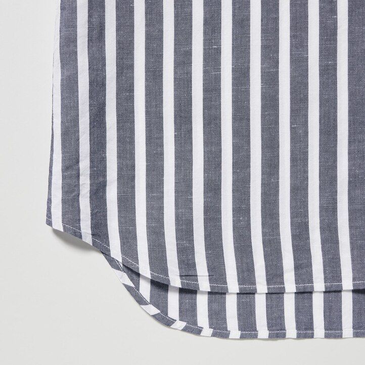 blusa de mujer uniqlo de mezcla de lino a rayas con cuello abierto y mangas en azul claro