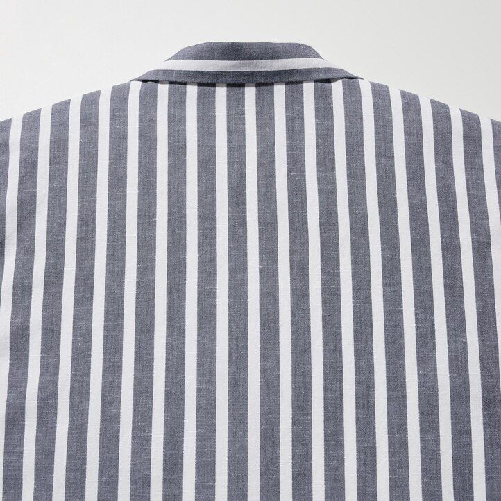 blusa de mujer uniqlo de mezcla de lino a rayas con cuello abierto y mangas en azul claro