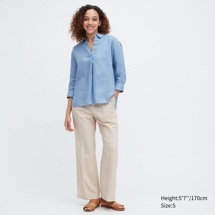 blusa de mujer uniqlo de lino premium 100 con cuello alto y mangas 34 color azul