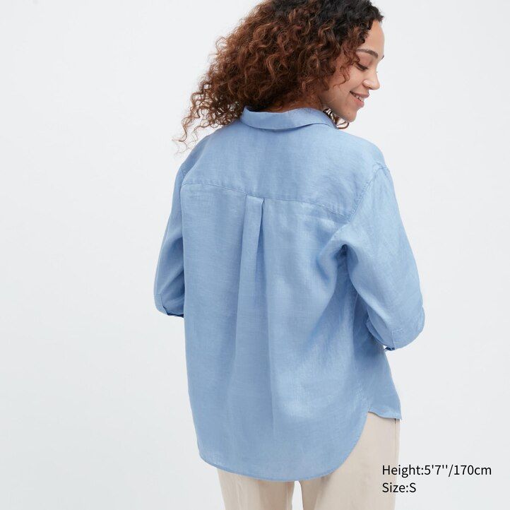 blusa de mujer uniqlo de lino premium 100 con cuello alto y mangas 34 color azul