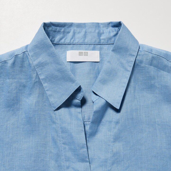 blusa de mujer uniqlo de lino premium 100 con cuello alto y mangas 34 color azul