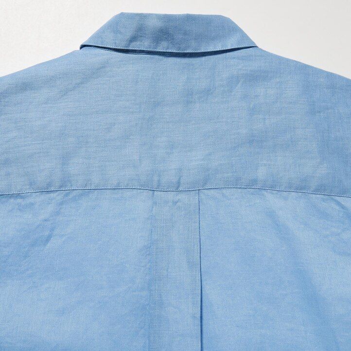 blusa de mujer uniqlo de lino premium 100 con cuello alto y mangas 34 color azul