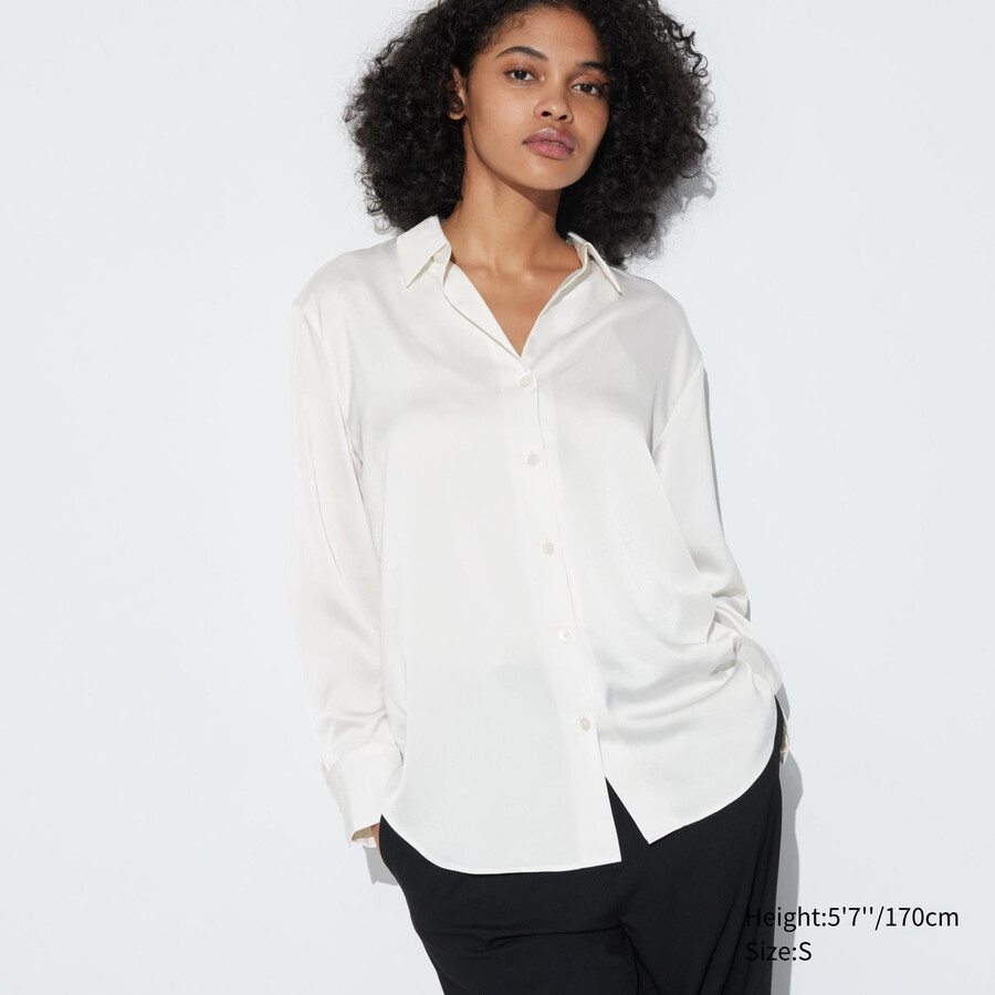 blusa blanca con mangas de satén uniqlo para mujer