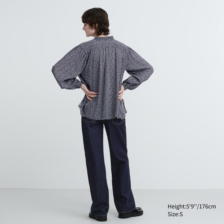 blusa uniqlo estampada con volumen azul para mujer
