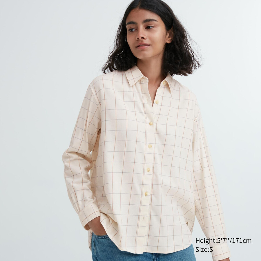 blusa uniqlo blanca con mangas a cuadros suaves y cepillados para mujer