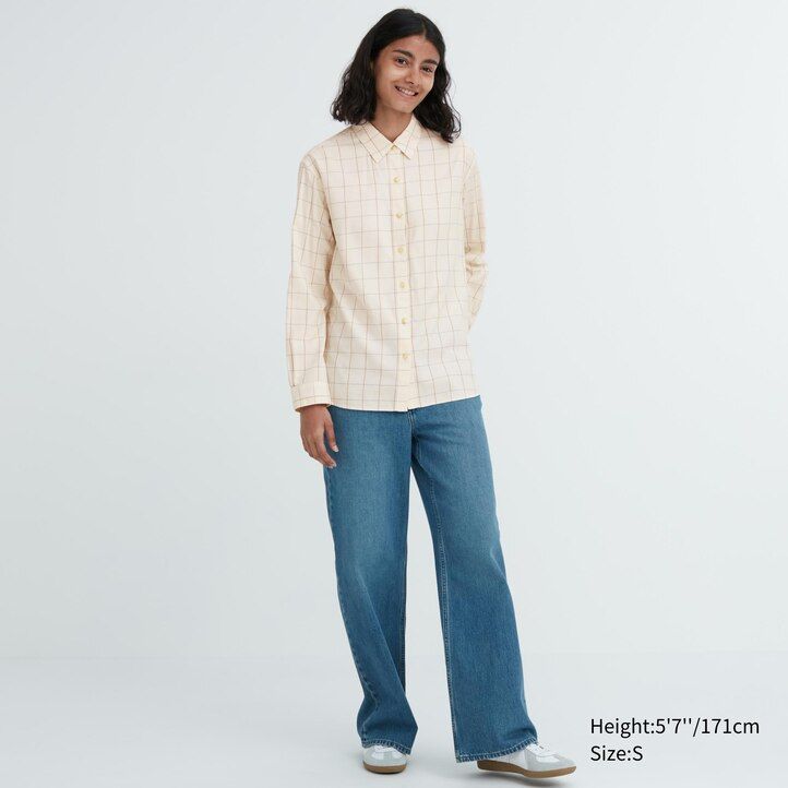 blusa uniqlo blanca con mangas a cuadros suaves y cepillados para mujer