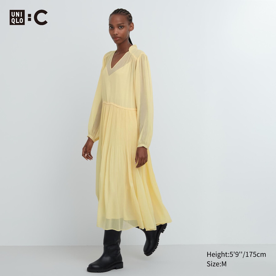 vestido uniqlo de gasa con mangas plisadas para mujer color amarillo