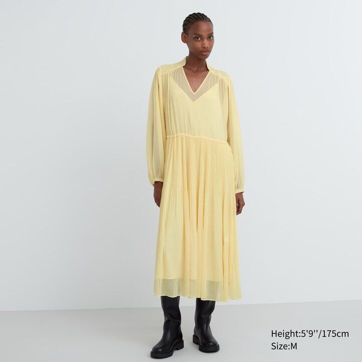 vestido uniqlo de gasa con mangas plisadas para mujer color amarillo