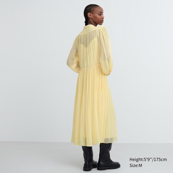 vestido uniqlo de gasa con mangas plisadas para mujer color amarillo