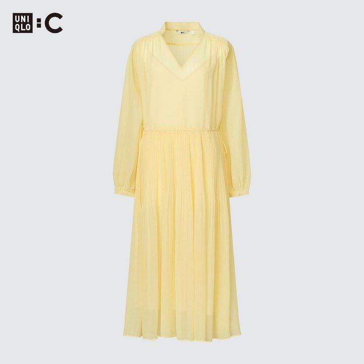 vestido uniqlo de gasa con mangas plisadas para mujer color amarillo
