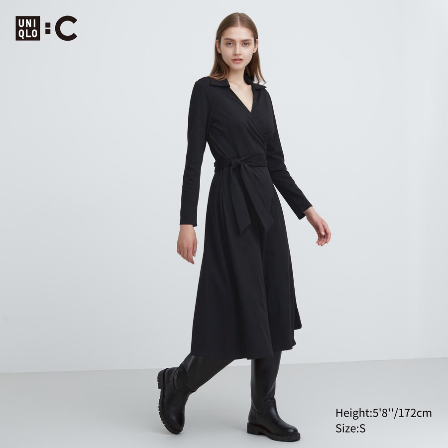 vestido cruzado de manga larga uniqlo negro para mujer