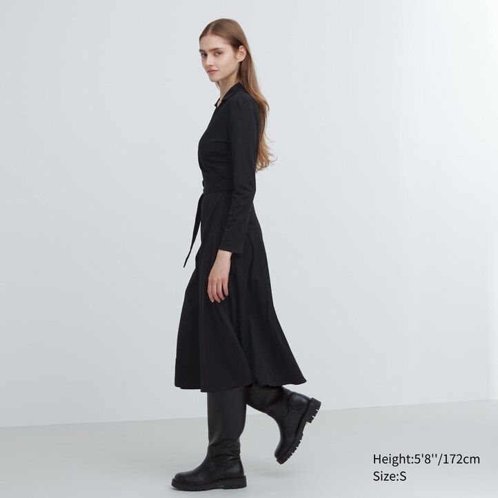 vestido cruzado de manga larga uniqlo negro para mujer