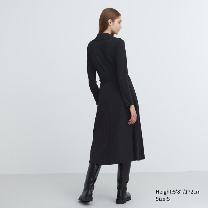 vestido cruzado de manga larga uniqlo negro para mujer