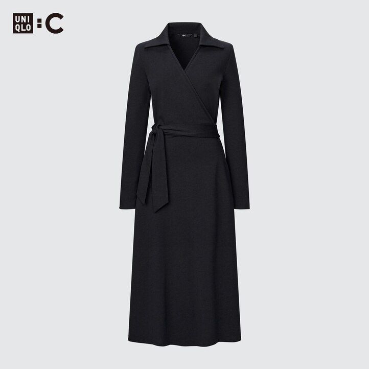 vestido cruzado de manga larga uniqlo negro para mujer