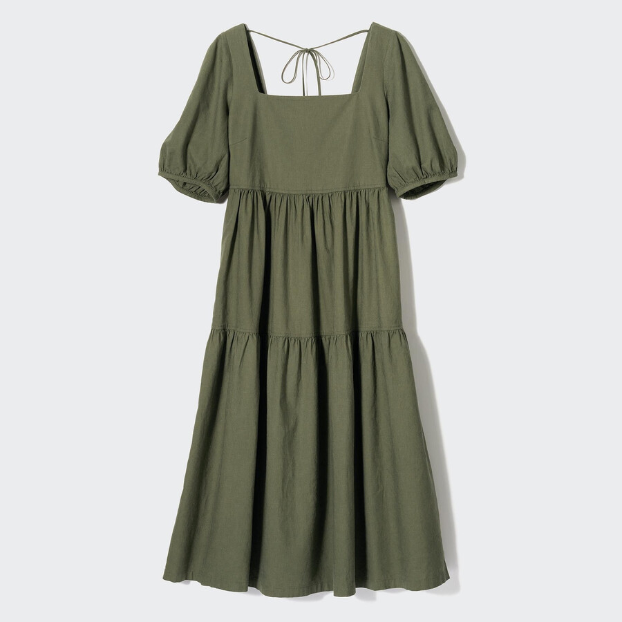 vestido uniqlo de mezcla de lino con mangas voluminosas y fruncido para mujer color oliva