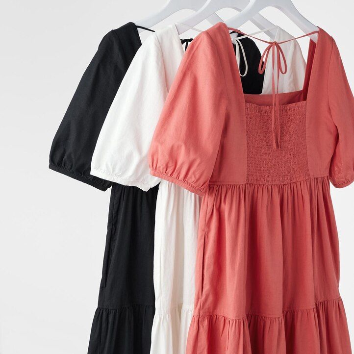 vestido uniqlo de mezcla de lino con mangas voluminosas y fruncido para mujer color oliva