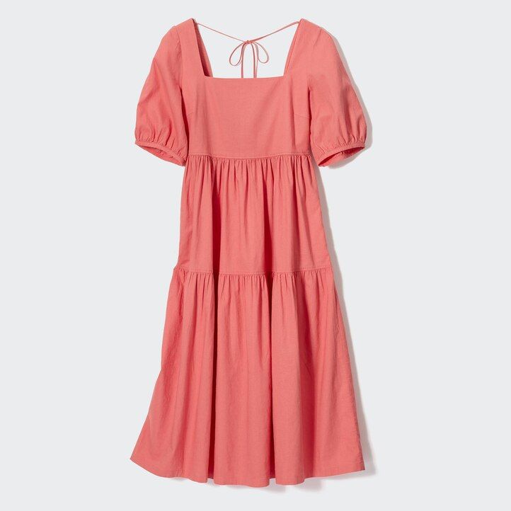 vestido uniqlo de mezcla de lino con mangas voluminosas y fruncido para mujer color oliva