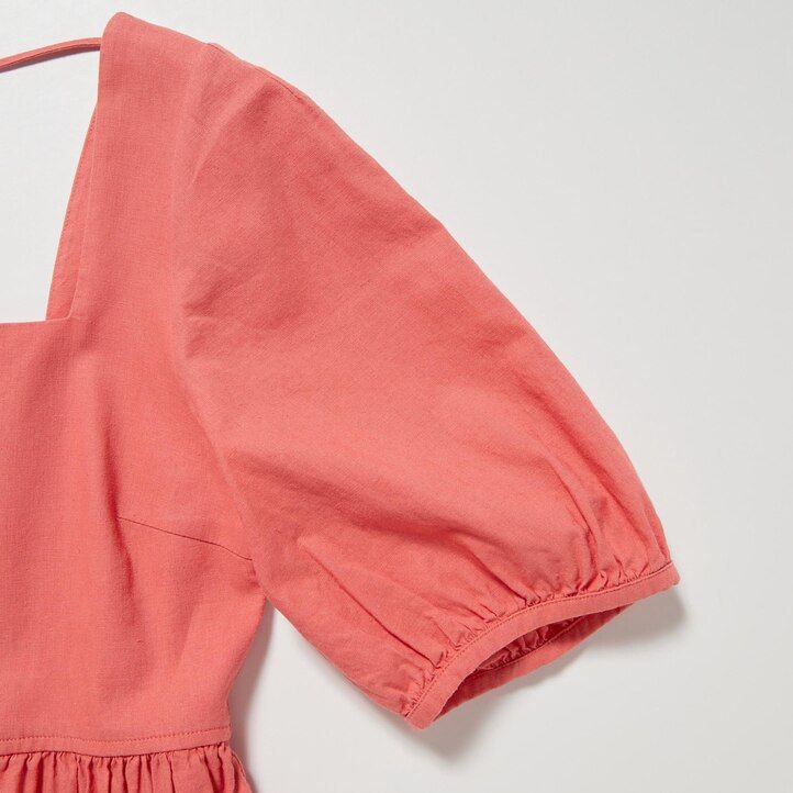 vestido uniqlo de mezcla de lino con mangas voluminosas y fruncido para mujer color oliva