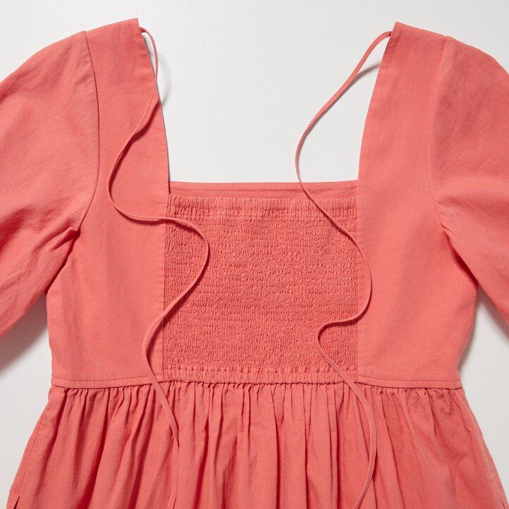 vestido uniqlo de mezcla de lino con mangas voluminosas y fruncido para mujer color oliva